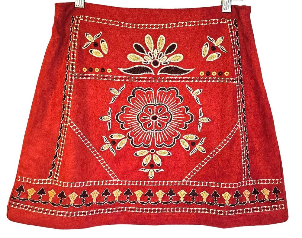 Miami by Francesca's Embroidered Red Rust Western Boho Faux Suede Mini Skirt